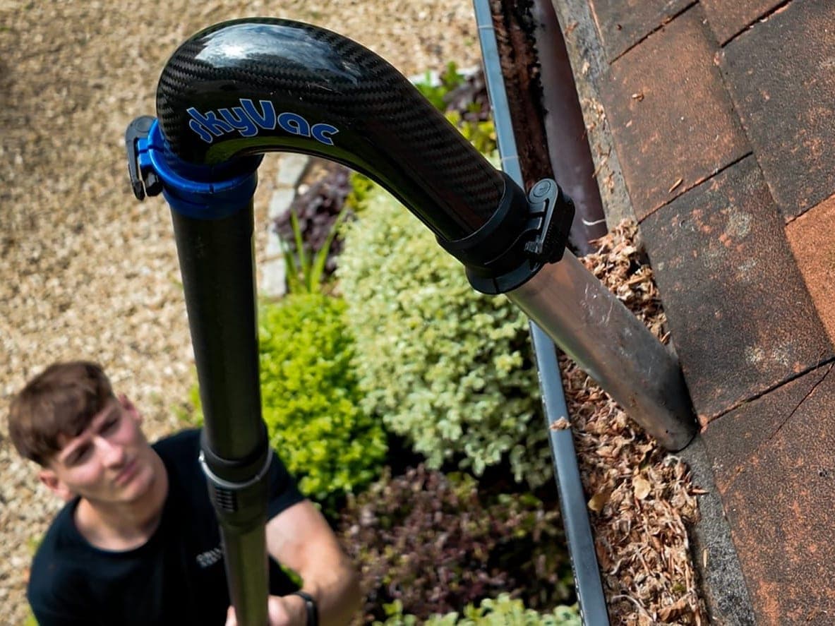 Gutter clearing with a SkyVac gutter vacuum on a home in Marlow